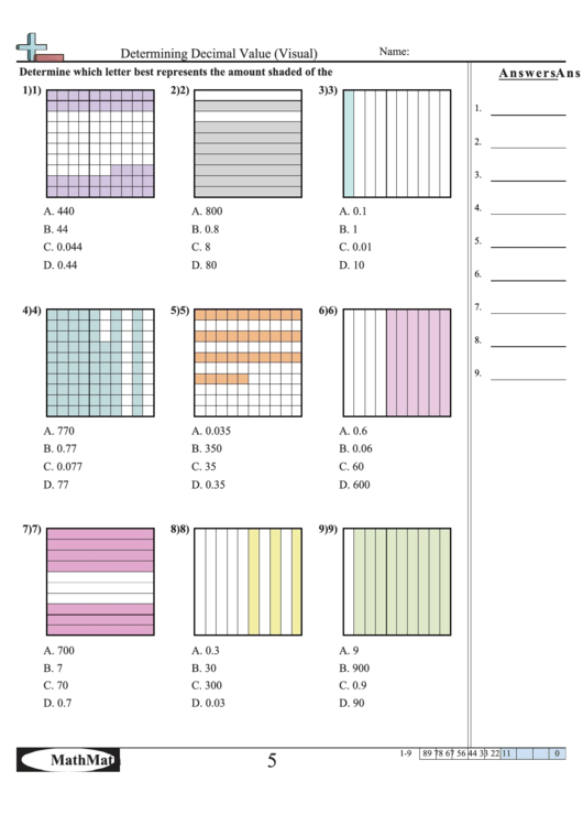 Determining Decimal Value (Visual) Worksheet Printable pdf