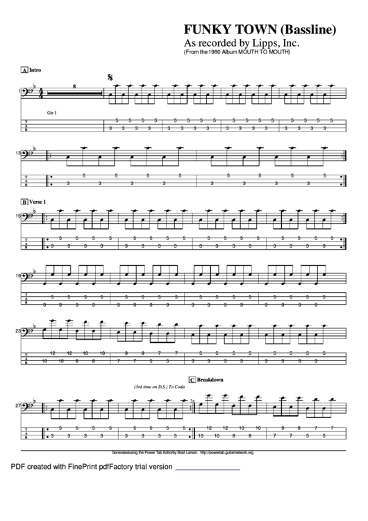Lipps, Inc. - Funky Town (Bassline) Music Sheet Printable pdf
