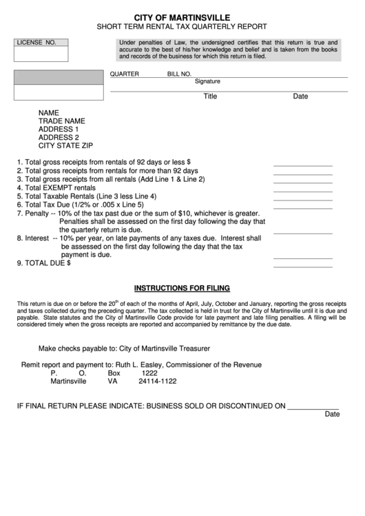 Short Term Rental Tax Quarterly Report Form - City Of Martinsville Printable pdf