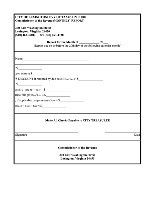 Levy Of Taxes On Food Monthly Report Form - City Of Lexington Printable pdf