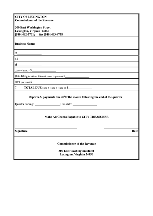 Shortterm Rental Tax Report Form - City Of Lexington Printable pdf