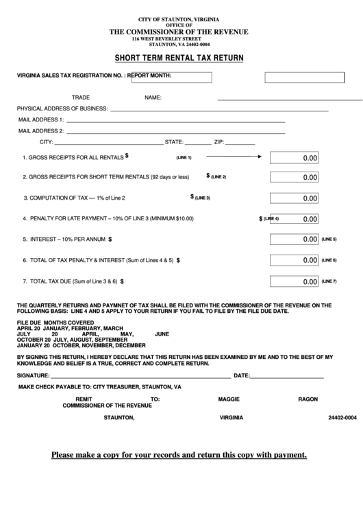 Fillable Short Term Rental Tax Return Form Printable pdf
