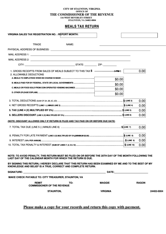 Fillable Meals Tax Return Form printable pdf download