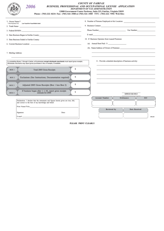 Business, Professional And Occupational License Application Form - Department Of Tax Administration - 2006 Printable pdf