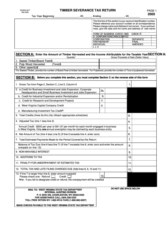 Form Wv/sev-401t - Timber Severance Tax Return - 2005 Printable pdf