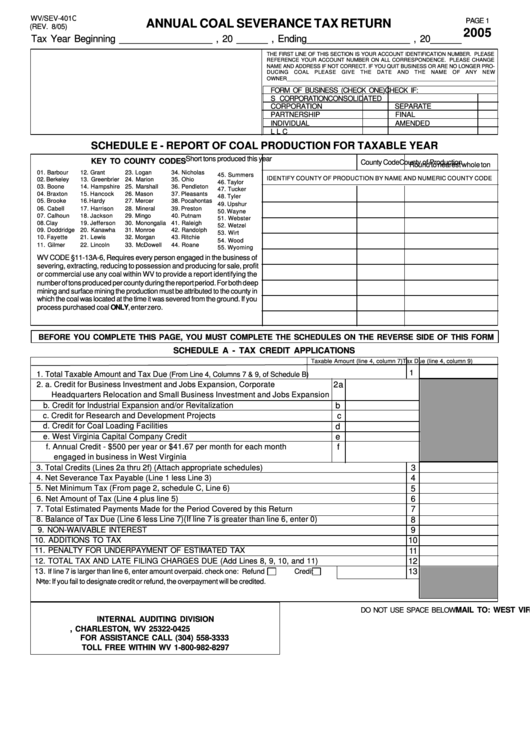 Form Wv/sev-401c - Annual Coal Severance Tax Return - 2005 Printable pdf