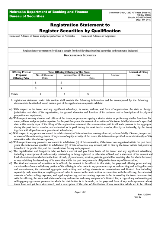 Fillable Registration Statement Form To Register Securities By Qualification - Nebraska Department Of Banking And Finance 2004 Printable pdf
