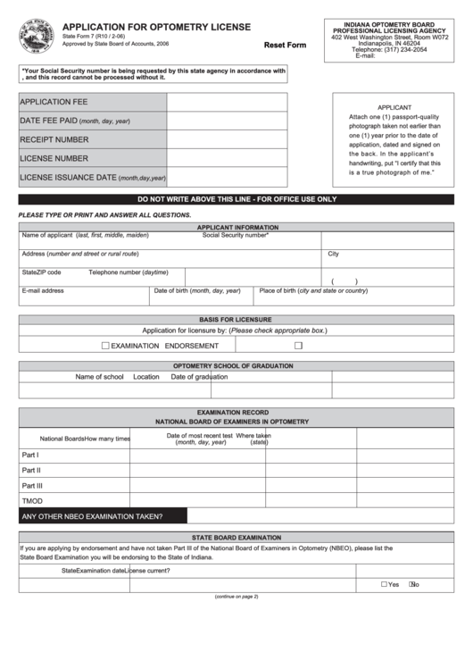 Fillable State Form 7 - Application For Optometry License Printable pdf