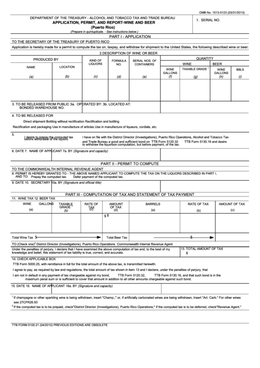Fillable Ttb Form 5100.21 - Application, Permit, And Report - Wine And Beer Printable pdf