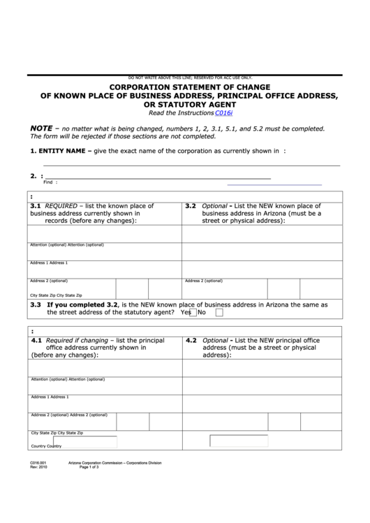 Fillable Corporation Statement Of Change Form Printable pdf