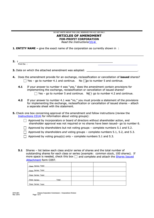 Fillable Form C014.001 - Articles Of Amendment For-Profit Corporation Form - 2010 Printable pdf