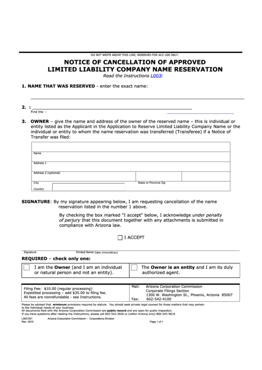 Fillable Form L003.001 - Notice Of Cancellation Of Approved Limited Liability Company Name Reservation - 2010 Printable pdf