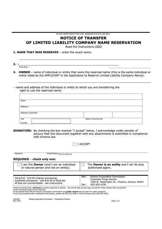 Fillable Notice Of Transfer Of Limited Liability Company Name Reservation Form - 2010 Printable pdf
