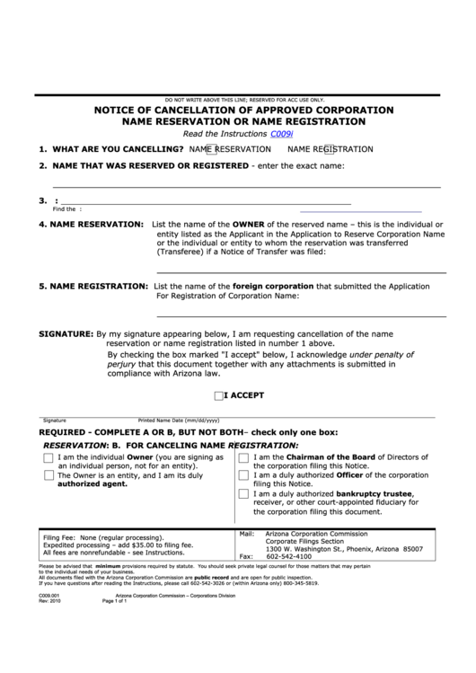 Fillable Form C009.001 - Notice Of Cancellation Of Approved Corporation Name Reservation Or Name Registration Printable pdf