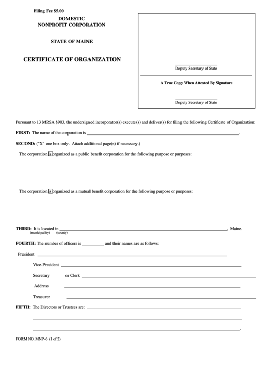 Fillable Form Mnp-6 - Certificate Of Organization Printable pdf