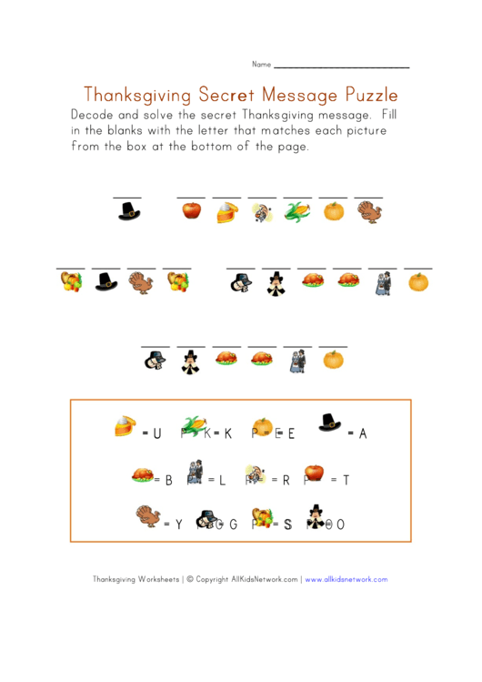 Thanksgiving Decoding Puzzle Activity Sheet Printable pdf