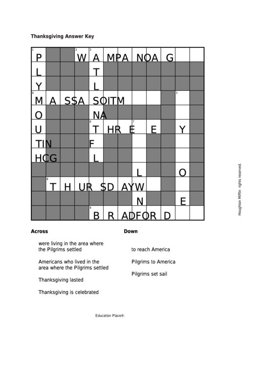 Thanksgiving Crossword Template (Answer Key) Printable pdf
