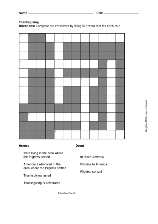 Thanksgiving Crossword Puzzle Template Printable pdf