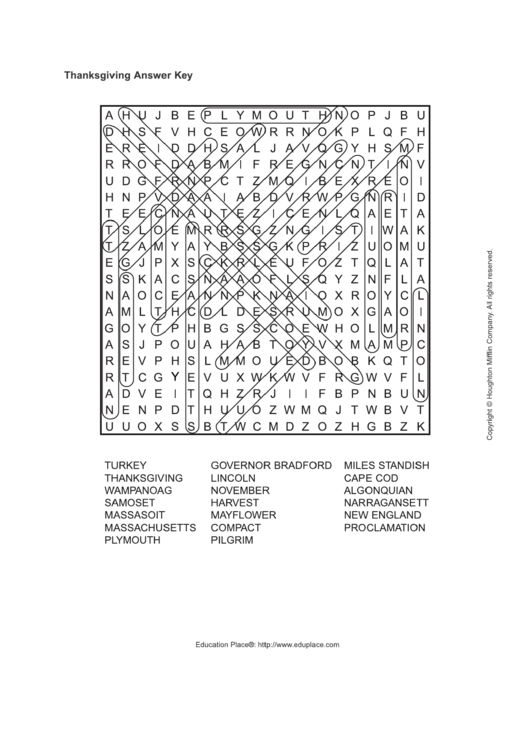 Thanksgiving Word Search Puzzle Template (Answer Key) Printable pdf