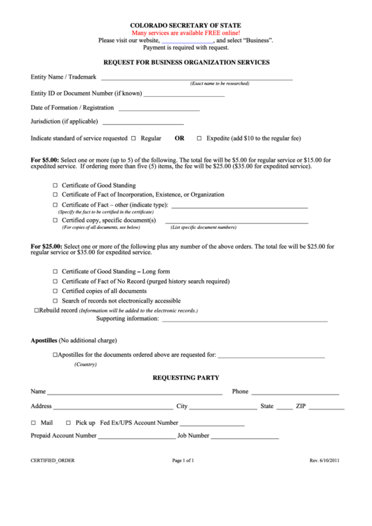 Fillable Request For Business Organization Services Form - Colorado - 2011 Printable pdf