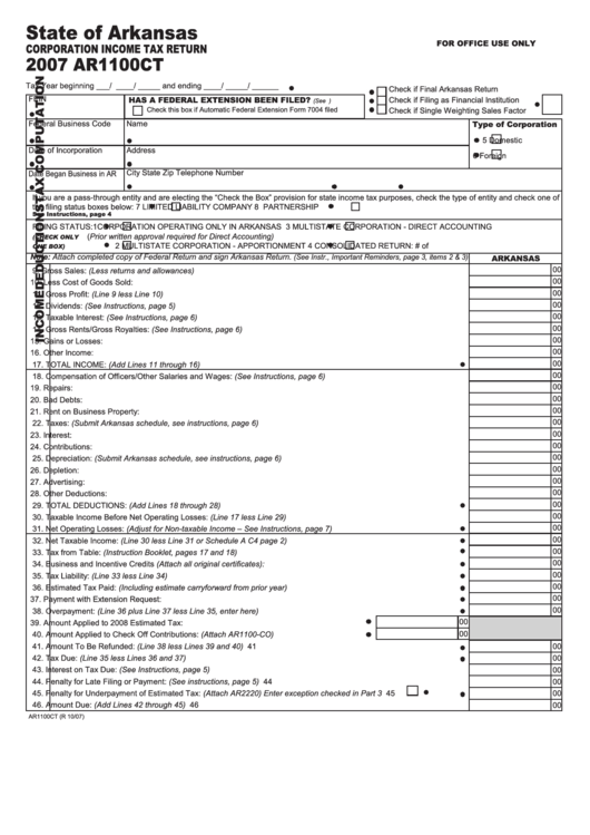 Form Ar1100ct - Corporation Income Tax Return - 2007 Printable pdf