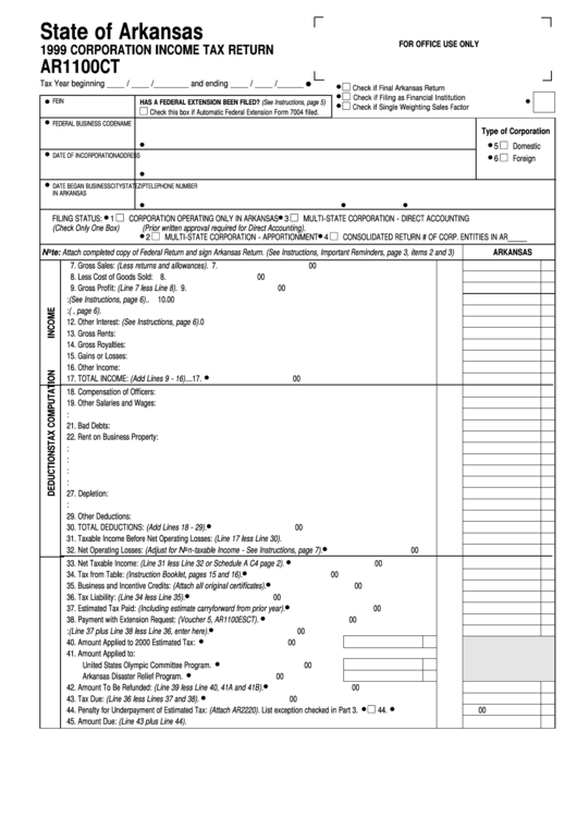 Form Ar1100ct - 1999 Corporation Income Tax Return Printable pdf