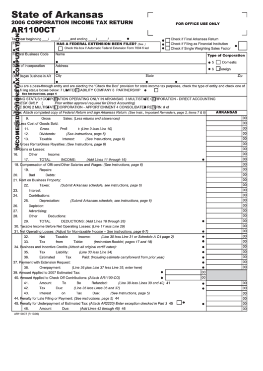 Form Ar1100ct Corporation Income Tax Return 2006 Printable Pdf Download 2951