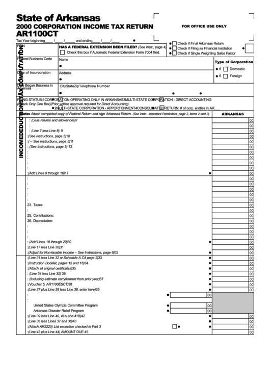 Form Ar1100ct - 2000 Corporation Income Tax Return Printable pdf
