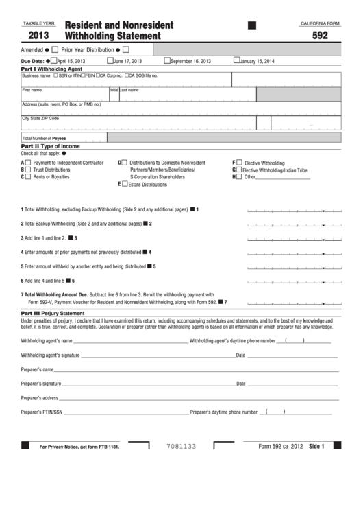 Fillable Form 592 - Resident And Nonresident Withholding Statement - 2013 Printable pdf