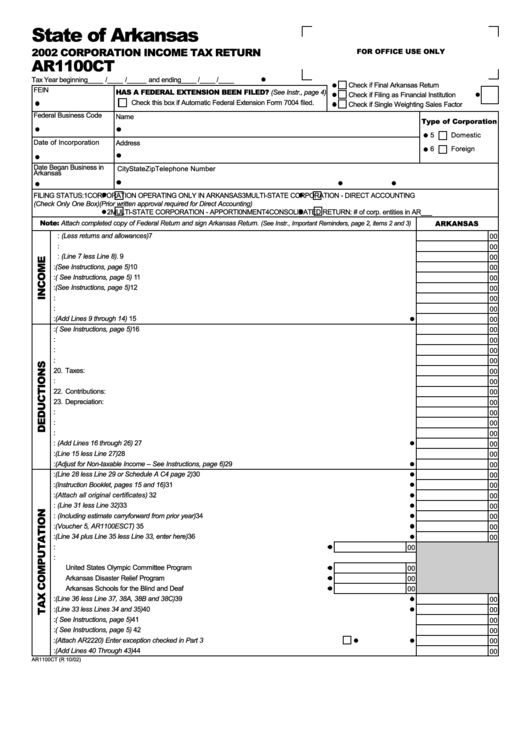 Form Ar1100ct - Corporation Income Tax Return - 2002 Printable pdf