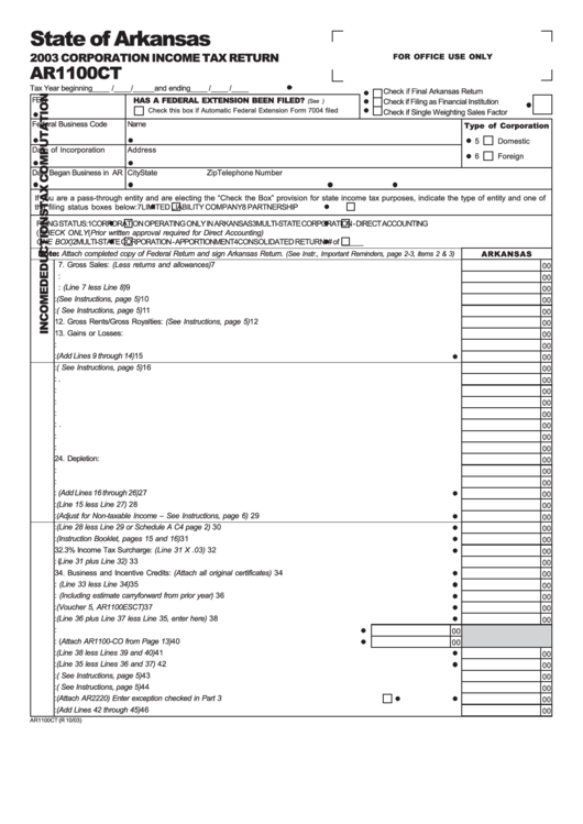 Form Ar1100ct - Corporation Income Tax Return - 2003 Printable pdf