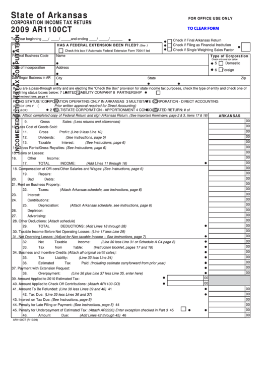 Fillable Form Ar1100ct - Corporation Income Tax Return - 2009 Printable pdf