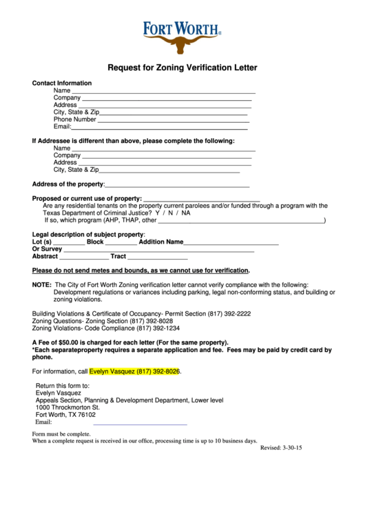 Request For Zoning Verification Letter Form March 2015 Printable pdf