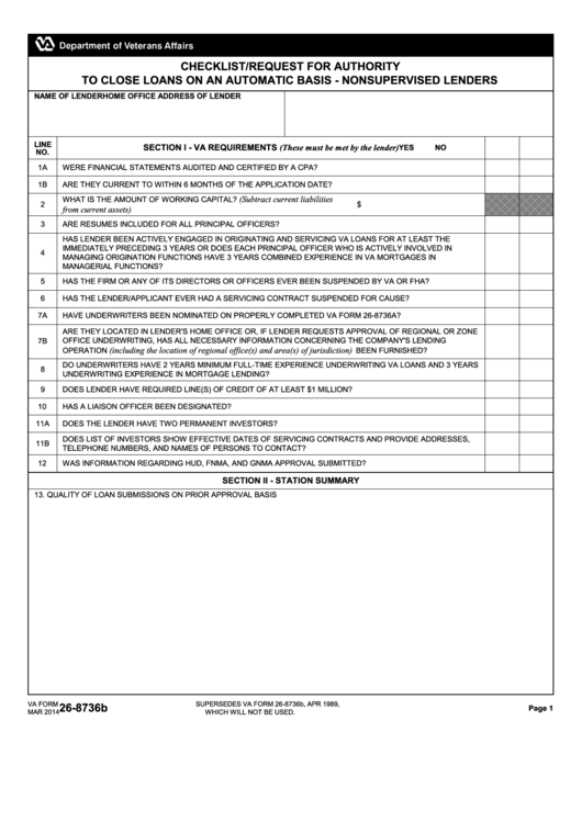 Fillable Va Form 26-8736b - Checklist/request For Authority March 2014 Printable pdf