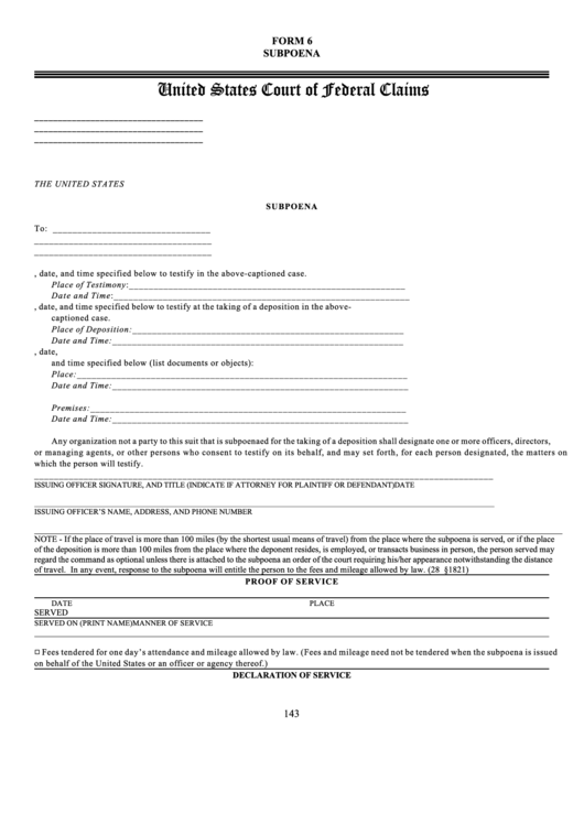 Form 6 - Subpoena - United States Court Of Federal Claims Printable pdf
