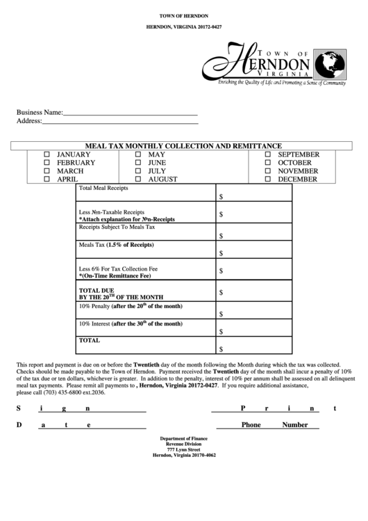 Meal Tax Form - Revenue Division Of Department Of Finance Of Town Of Herndon Printable pdf