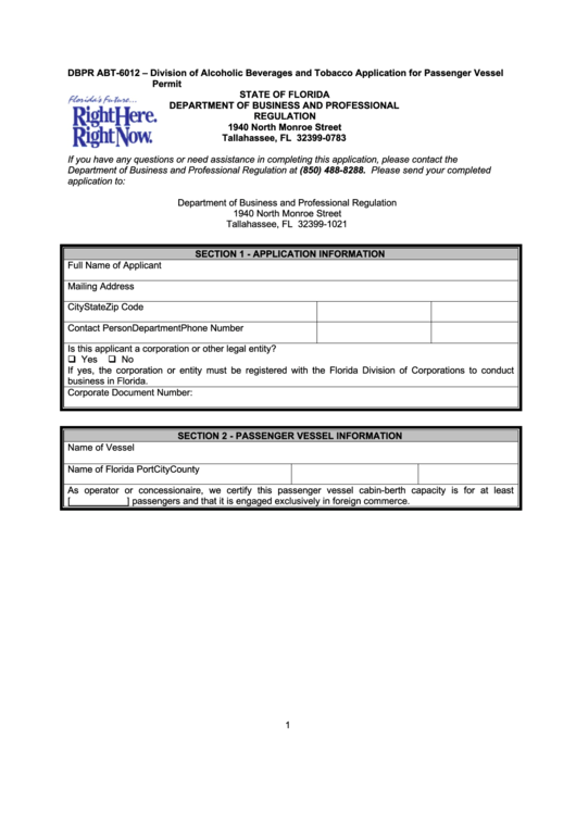 Dbpr Form Abt-6012 - Examination Application Printable pdf