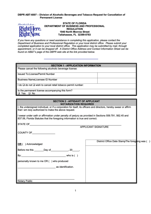 Dbpr Form Abt-6007 - Division Of Alcoholic Beverages And Tobacco Request For Cancellation Of Permanent License Printable pdf
