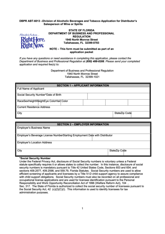 Dbpr Form Abt-6013 - Examination Application Printable pdf