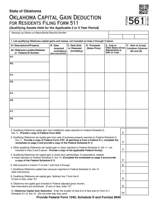 Fillable Form 561 - Oklahoma Capital Gain Deduction For Residents - 2016 Printable pdf