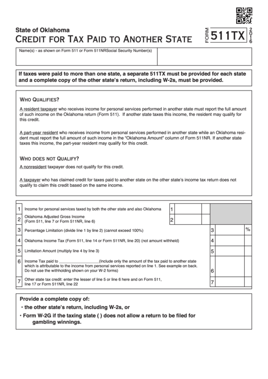 Fillable Form 511tx - Credit For Tax Paid To Another State - 2016 Printable pdf