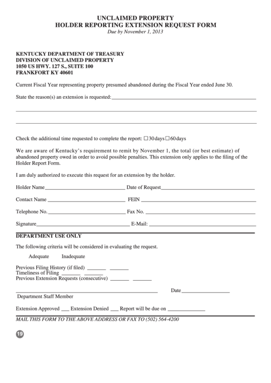 Unclaimed Property Holder Reporting Extension Request Form - Kentucky Department Of Treasury Printable pdf