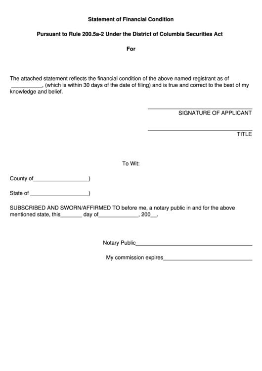 Statement Of Financial Condition Form - Pursuant To Rule 200.5a-2 Under The District Of Columbia Securities Act Printable pdf