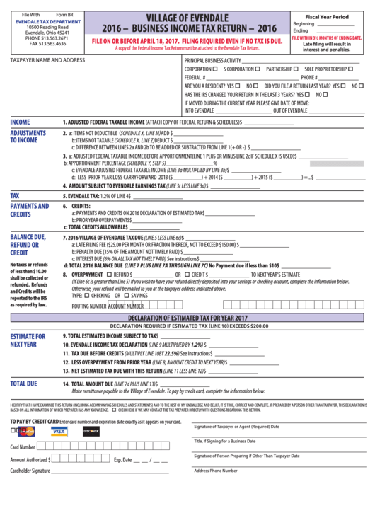 Business Income Tax Return Form - 2016 Printable pdf