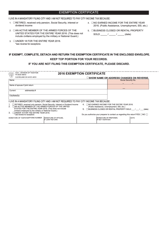 Exemption Certificate Form - Division Of Taxation - 2016 Printable pdf