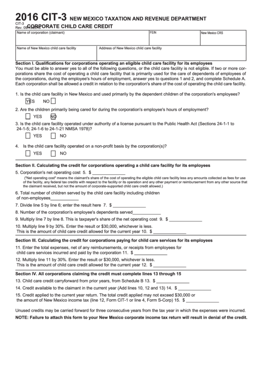 Form Cit-3 - Corporate Child Care Credit - 2016 Printable pdf