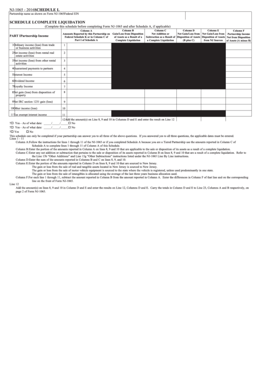 Fillable Form Nj-1065 - Schedule L - Complete Liquidation - 2016 Printable pdf