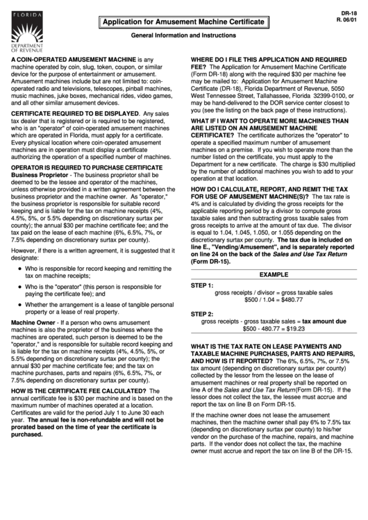 Form Dr-18 - Application For Amusement Machine Certificate - 2001 Printable pdf