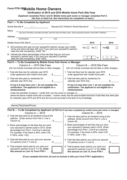 Form Ptr-1b - Mobile Home Owners Verification Of Mobile Home Park Site Fees - 2015-2016 Printable pdf