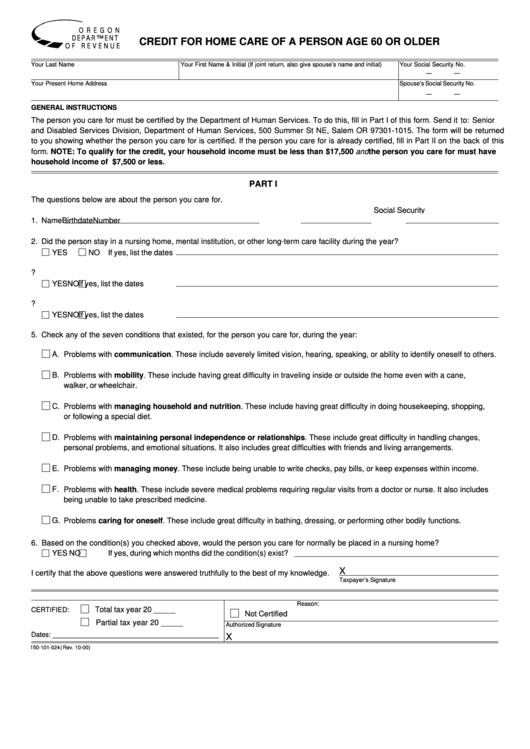 Form 150-101-024 - Credit For Home Care Of A Person Age 60 Or Older - 2000 Printable pdf